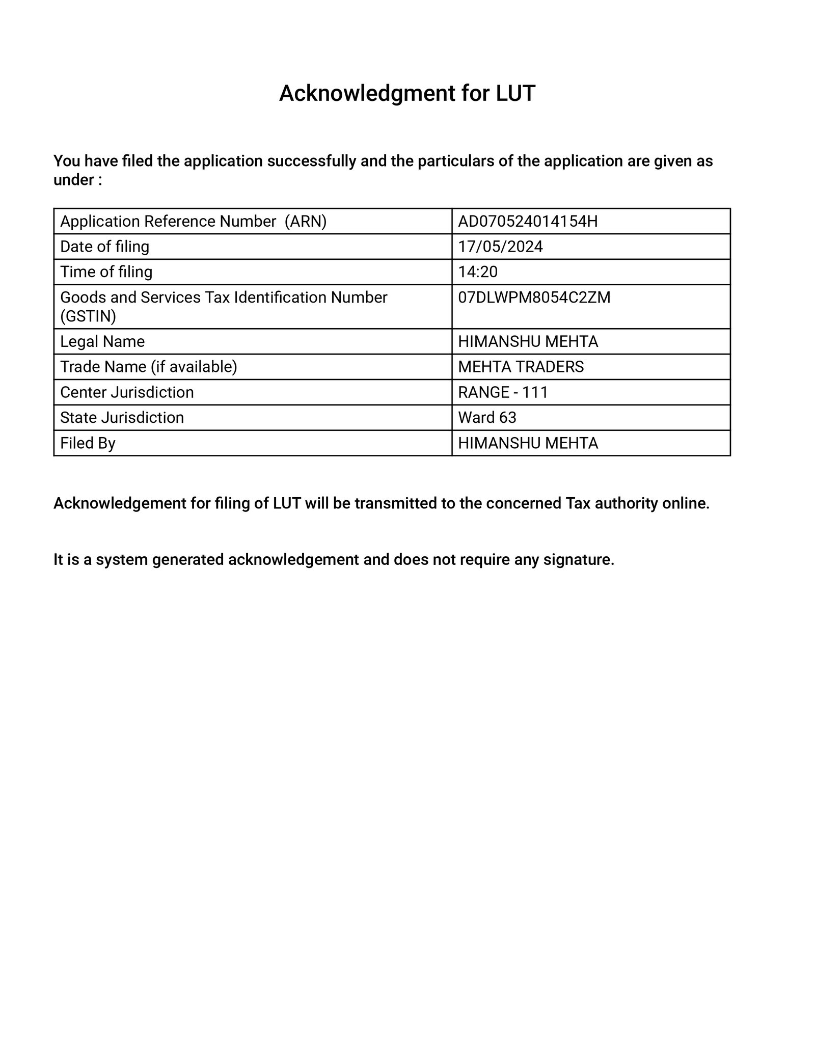 ACKNOWLEDGEMENT LUT (2024-25)